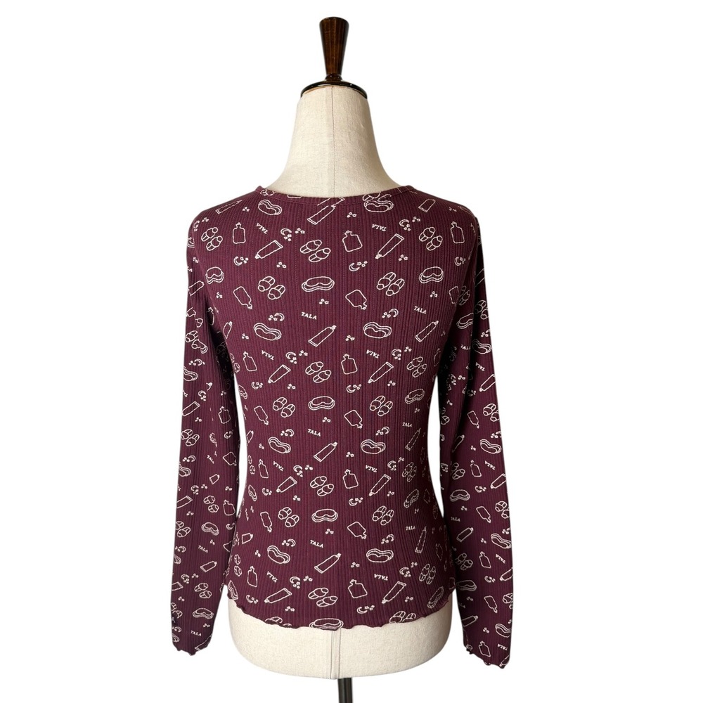 Tala Sleepwear Henley Women Small Port Burgundy Ribbed Lettuce Hem Pajama Top - Picture 3 of 10